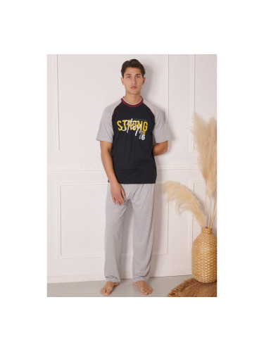 Мъжка пижама  размер макси с дълъг панталон и букви Синьо