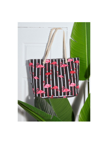 Чанта от плат на райе с фламинго (44x14x32cm) Черно