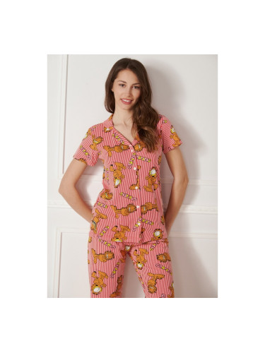 Дамска раирана пижама с копчета и котка