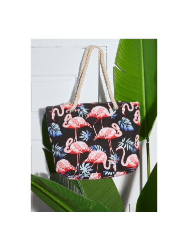 Чанта от плат с листа и фламинго (44x14x32cm) Черно