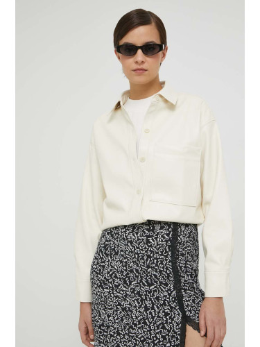 Риза Abercrombie & Fitch дамска в бежово със стандартна кройка с класическа яка