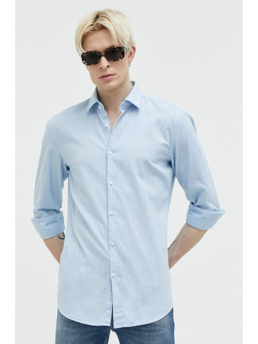 Риза HUGO мъжка в синьо със стандартна кройка с италианска яка