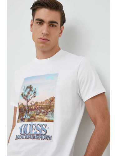 Памучна тениска Guess В бяло с принт