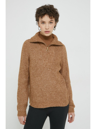 Пуловер Vila дамски в кафяво от лека материя с ниско поло