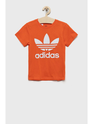 Детска памучна тениска adidas Originals в оранжево с принт