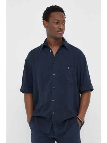 Риза Drykorn мъжка в тъмносиньо със свободна кройка с класическа яка