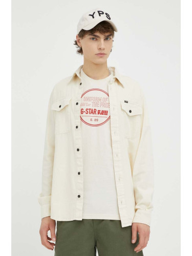 Памучна риза G-Star мъжка в бежово с кройка по тялото с класическа яка