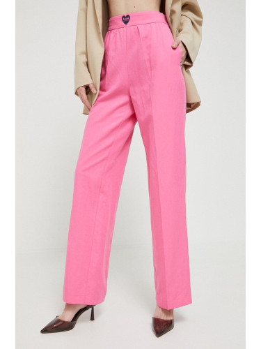 Панталон с лен Love Moschino в розово със стандартна кройка, с висока талия
