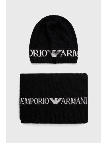 Шапка и шал с вълна Emporio Armani в черно