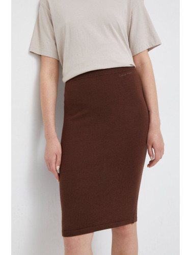 Вълнена пола Calvin Klein в кафяво среднодълъг модел с кройка тип молив