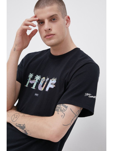 Памучна тениска HUF в черно с принт