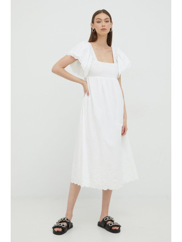 Памучна рокля Notes du Nord в бяло среднодълъг модел разкроен модел