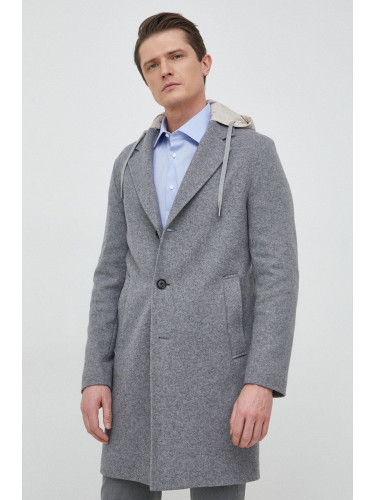 Палто с вълна BOSS в сиво с преходна изолация с уголемена кройка