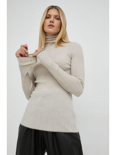 Вълнен пуловер By Malene Birger Reyne дамски в бежово от лека материя с поло