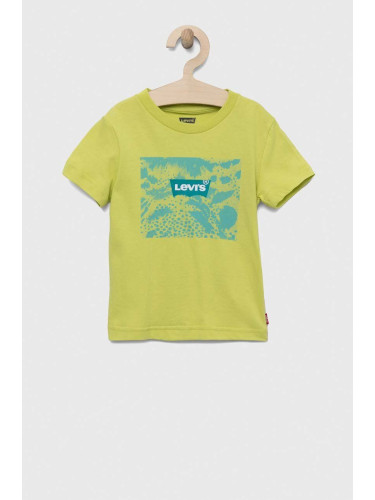 Детска памучна тениска Levi's в зелено с принт