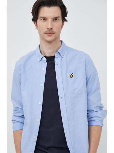 Памучна риза Lyle & Scott мъжка в синьо със стандартна кройка с яка с копче