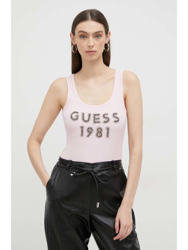 Памучен топ Guess в розово