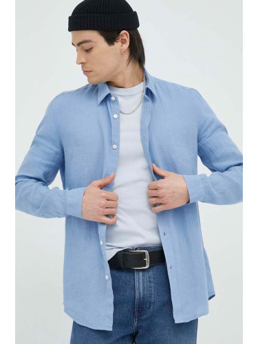 Ленена риза Drykorn Ruben в синьо със стандартна кройка с класическа яка