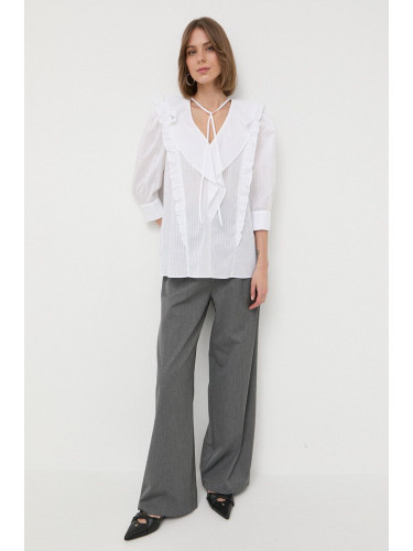 Памучна блуза BOSS дамска в бяло с десен