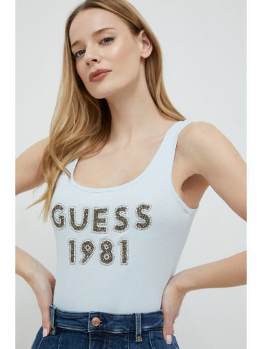 Памучен топ Guess в синьо