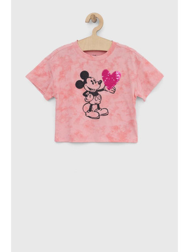 Детска памучна тениска GAP x Myszka Miki в розово
