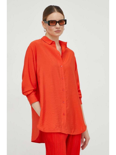 Риза Samsoe Samsoe дамска в оранжево със свободна кройка с класическа яка