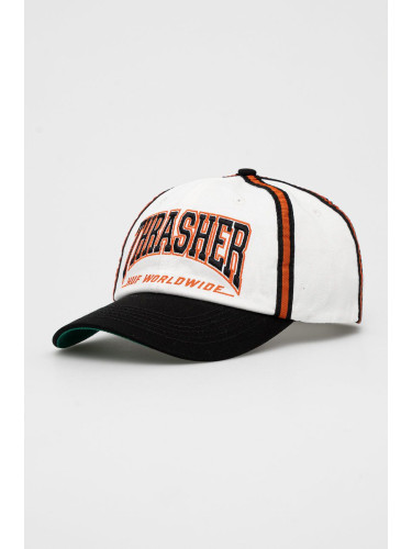 Памучна шапка HUF X Trasher в бяло с апликация