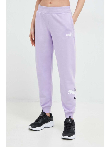 Спортен панталон Puma в лилаво с принт