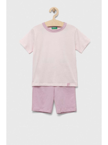 Детска памучна пижама United Colors of Benetton в розово с изчистен дизайн