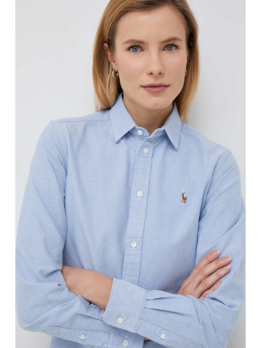 Памучна риза Polo Ralph Lauren дамска в синьо със стандартна кройка с класическа яка 211891377