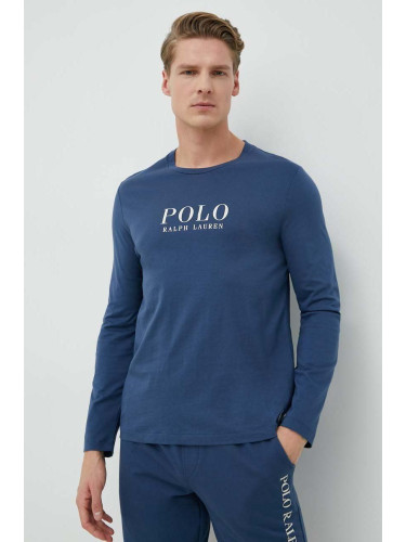 Памучно горнище на пижама с дълги ръкави Polo Ralph Lauren в тъмносиньо с принт