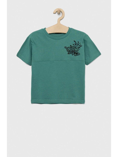 Детска памучна тениска Sisley в зелено с принт