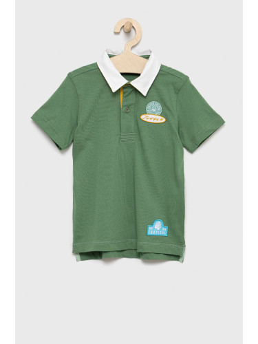 Детска памучна тениска с яка United Colors of Benetton в зелено с апликация