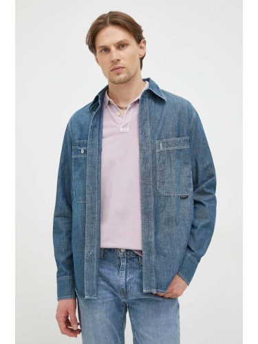 Риза G-Star мъжка в синьо със стандартна кройка с класическа яка