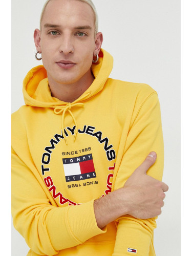 Памучен суичър Tommy Jeans в жълто с качулка с принт