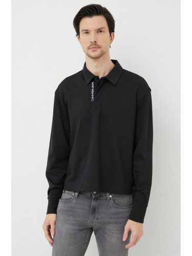 Памучна блуза с дълги ръкави Calvin Klein Jeans в черно с изчистен дизайн