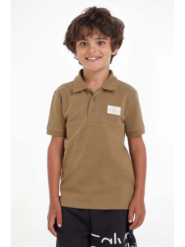 Детска тениска с яка Calvin Klein Jeans в кафяво с апликация