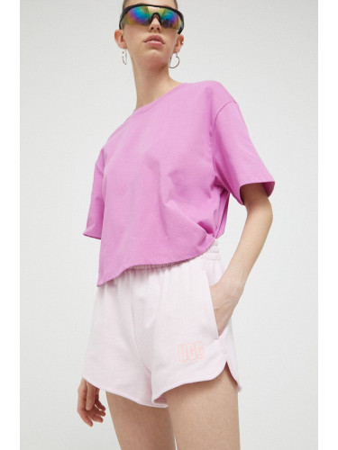 Памучен къс панталон UGG в розово с изчистен дизайн с висока талия