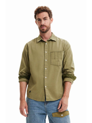 Памучна риза Desigual мъжка в зелено със стандартна кройка с класическа яка