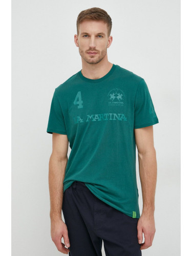 Памучна тениска La Martina в зелено с принт