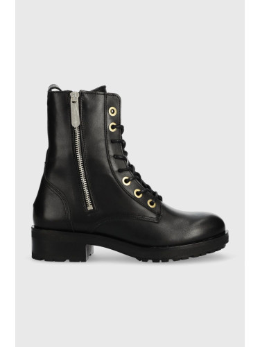 Кожени кубинки Tommy Hilfiger Th Essentials Biker Boot в черно с равна подметка с изолация