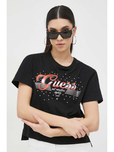 Памучна тениска Guess в черно