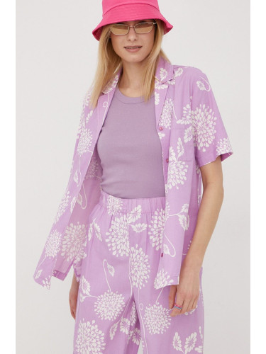 Риза Brixton дамска в лилаво със стандартна кройка с класическа яка