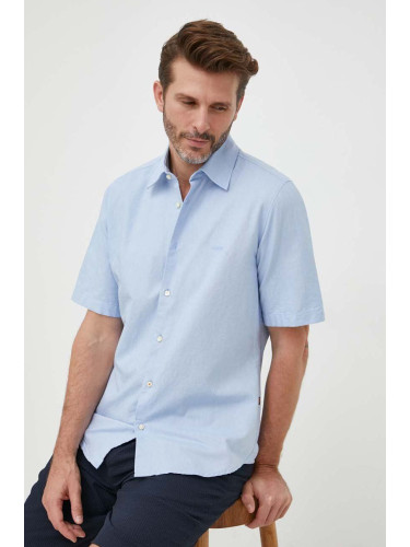 Памучна риза BOSS ORANGE мъжка в синьо със стандартна кройка с класическа яка 50489351