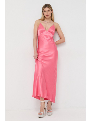 Рокля Bardot в розово дълъг модел разкроен модел