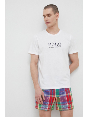 Памучно горнище на пижама с къси ръкави Polo Ralph Lauren в бяло с принт 714899613