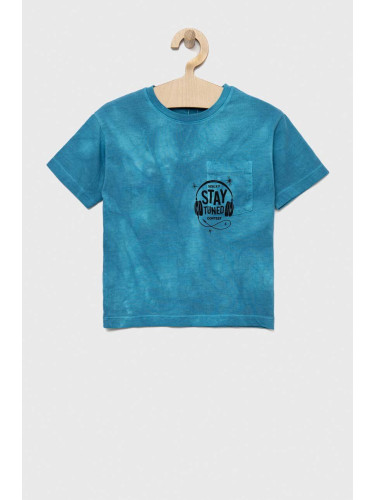 Детска памучна тениска Sisley в синьо с десен