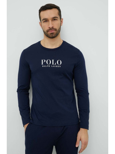 Памучно горнище на пижама с дълги ръкави Polo Ralph Lauren в тъмносиньо с принт