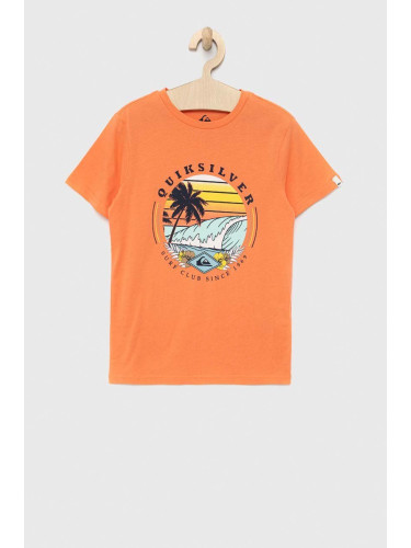 Детска памучна тениска Quiksilver в оранжево с принт