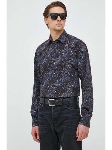 Памучна риза Karl Lagerfeld мъжка в черно със стандартна кройка с класическа яка